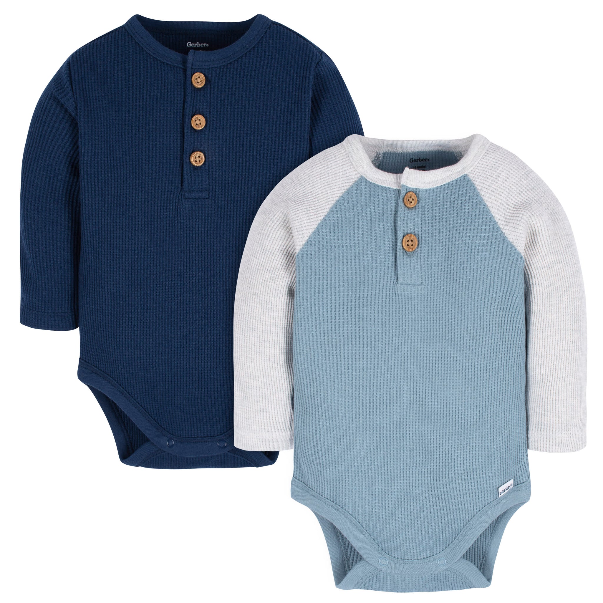 2-Pack Baby Boys Navy & Light Blue Long Sleeve Henley Onesies® Bodysuits-Gerber Childrenswear Wholesale