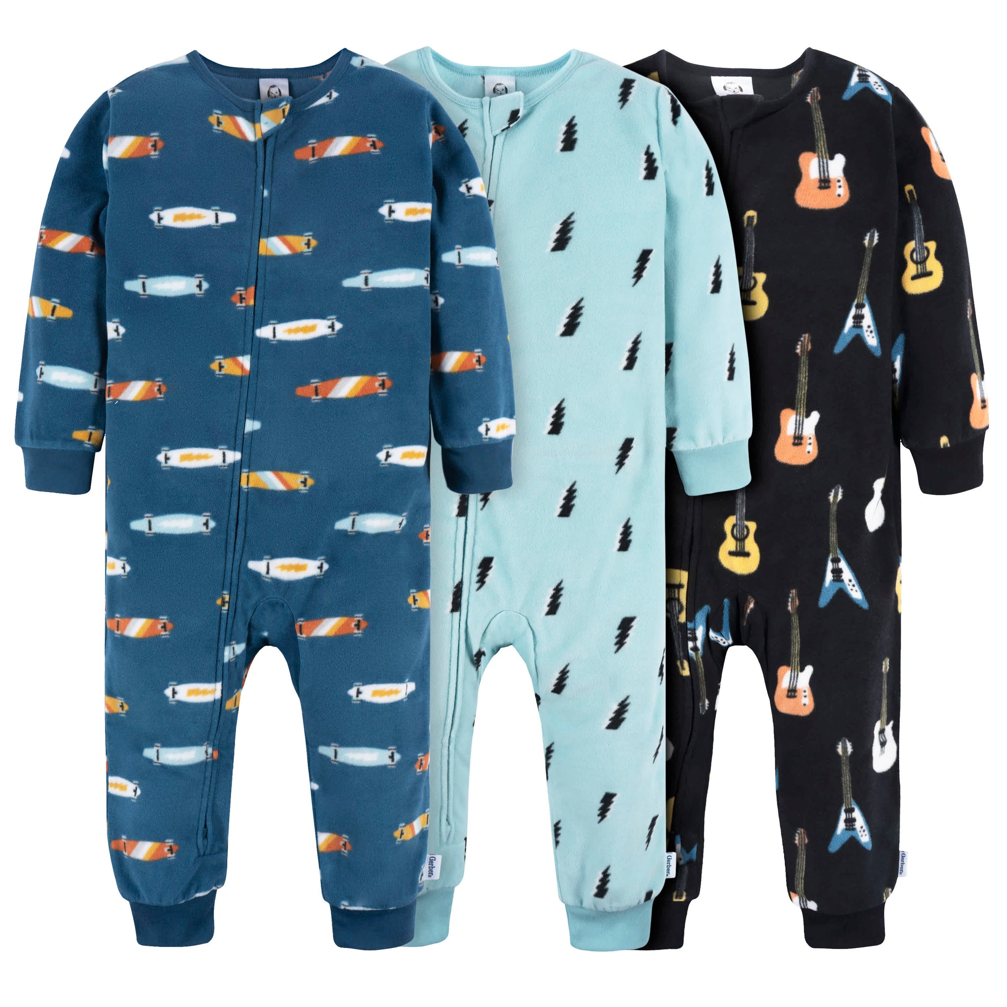 3-Pack Infant & Toddler Boys Skateboard/Guitars Footless Fleece Pajamas-Gerber Childrenswear Wholesale
