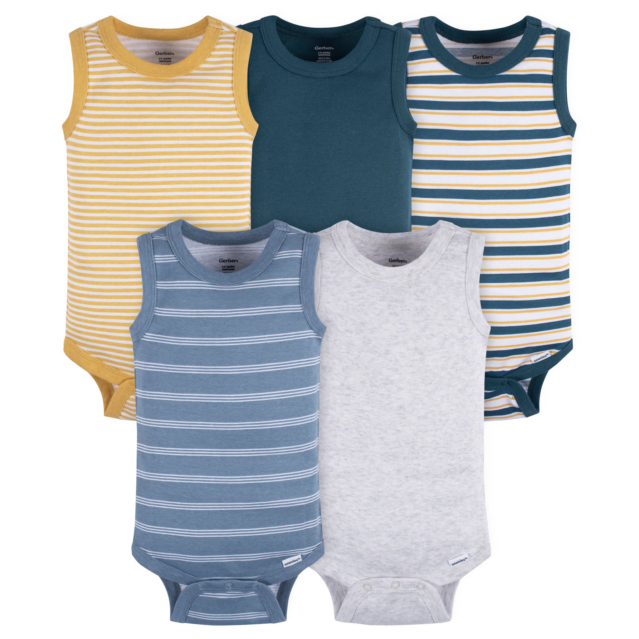 5-Pack Baby Boys Blue Stripe Sleeveless Onesies® Bodysuits-Gerber Childrenswear Wholesale