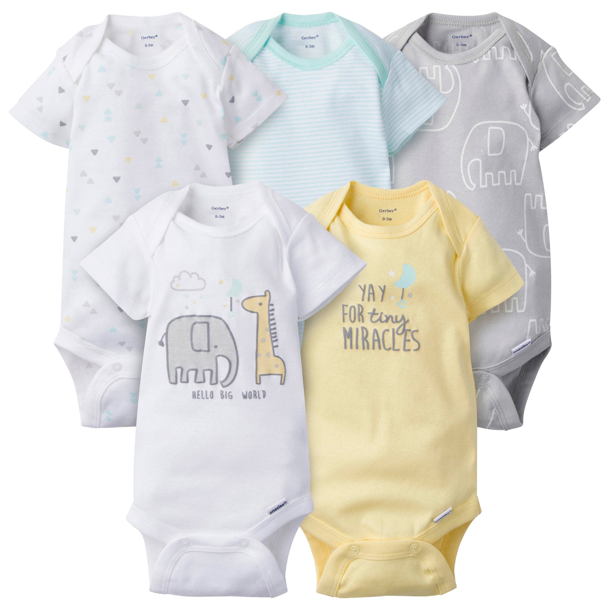 5-Pack Neutral Elephant Short Sleeve Onesies® Bodysuits-Gerber Childrenswear Wholesale