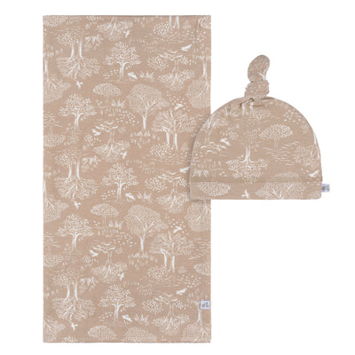 2-Piece Baby Neutral Ivory Tan Forest Swaddle Blanket & Hat Set-Gerber Childrenswear Wholesale