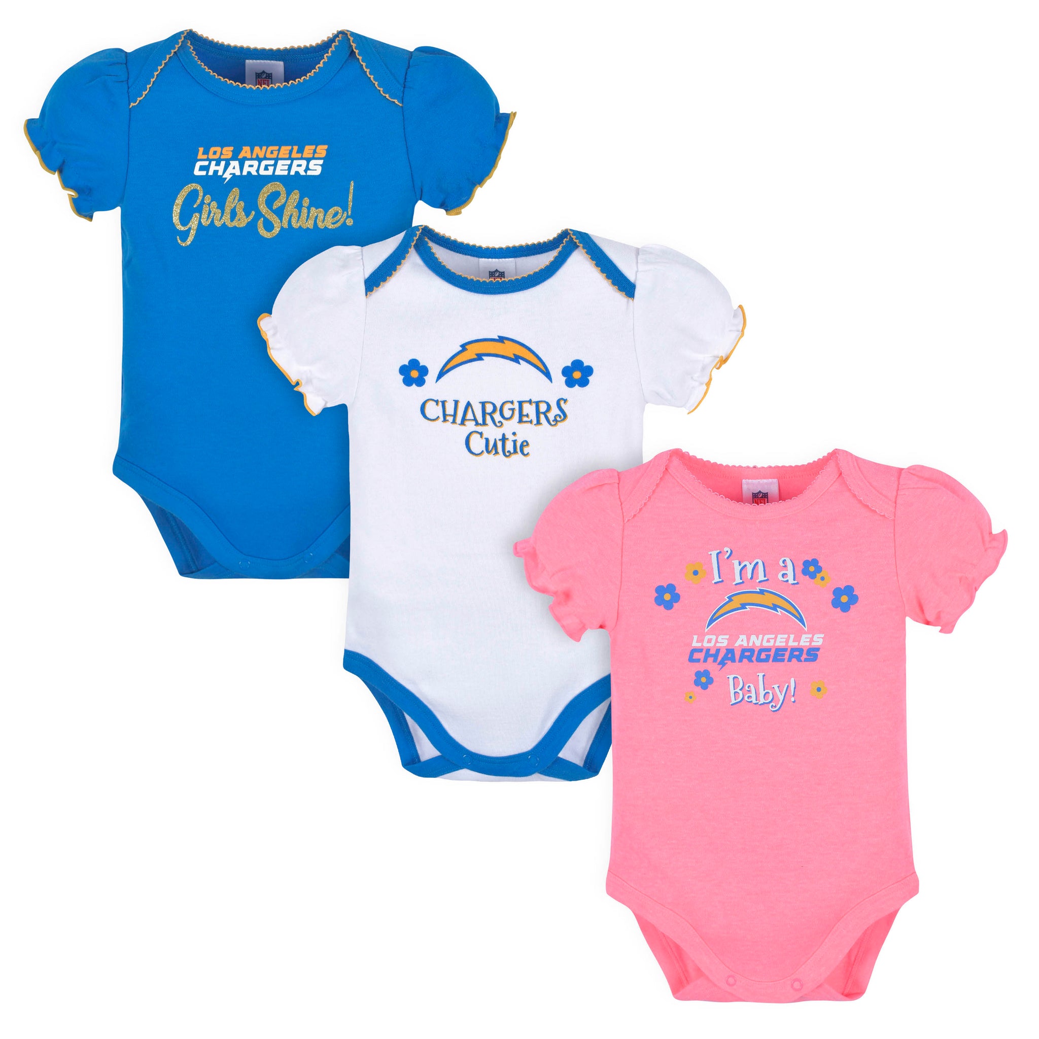 3-Pack Baby Girls Chargers Short Sleeve Bodysuits-Gerber Childrenswear Wholesale