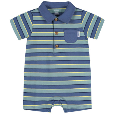 Baby Boys Blue & Green Collared Romper-Gerber Childrenswear Wholesale