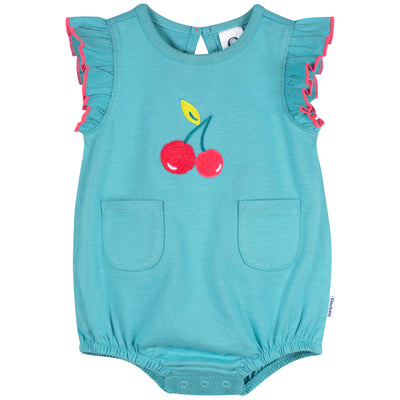 Baby Girls Aqua Cherries Pocket Romper-Gerber Childrenswear Wholesale