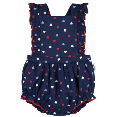 Baby Girls Blue Hearts Ruffle Strap Bubble Romper-Gerber Childrenswear Wholesale