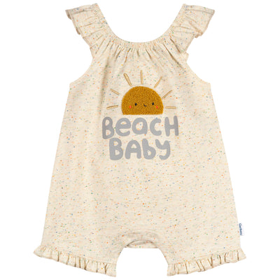 Baby Girls Oatmeal Speckle Sleeveless Ruffle Romper-Gerber Childrenswear Wholesale