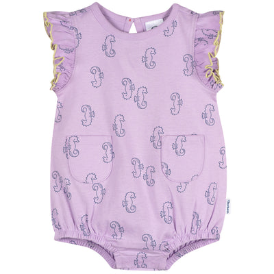 Baby Girls Purple Seahorses Pocket Romper-Gerber Childrenswear Wholesale
