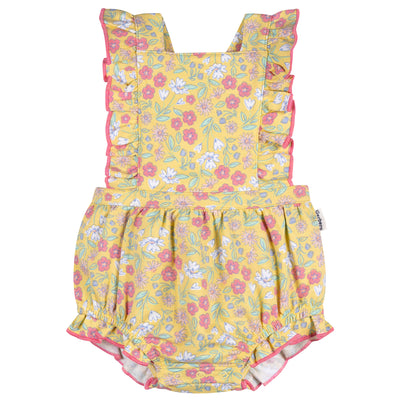 Baby Girls Yellow Floral Ruffle Strap Bubble Romper-Gerber Childrenswear Wholesale