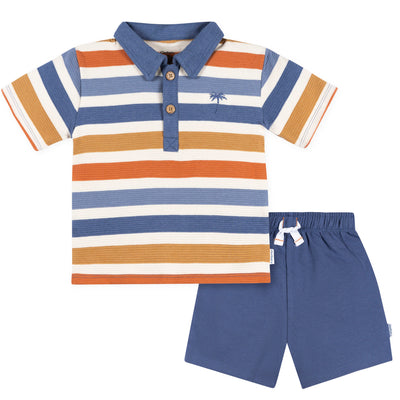 2-Piece Infant & Toddler Boys Brown & Blue Polo Shirt and Shorts Set-Gerber Childrenswear Wholesale