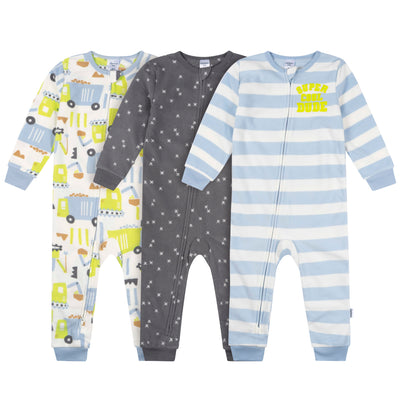 3-Pack Infant & Toddler Boys Trucks Footless Fleece Pajamas