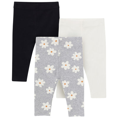 3-Pack Baby & Toddler Girls Gray Flowers, Cream and Black Textured Leggings-Gerber Childrenswear Wholesale
