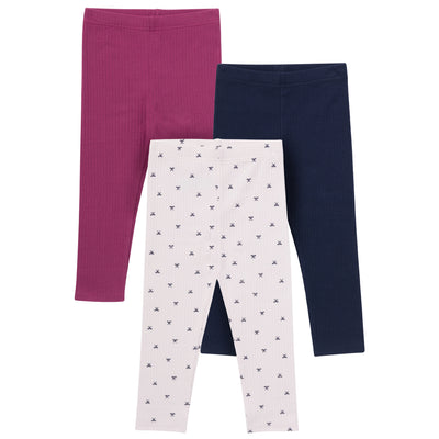 3-Pack Baby & Toddler Girls Pink Bows, Blue & Purple Textured Leggings-Gerber Childrenswear Wholesale