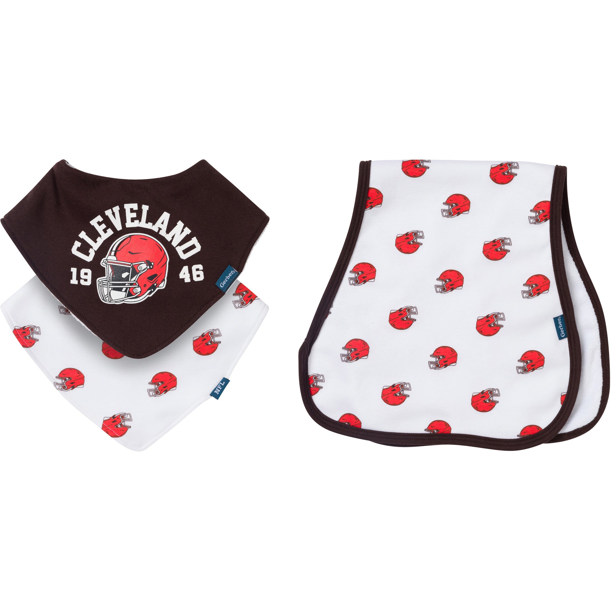 3-Pack Baby Neutral Cleveland Browns Bibs and Burp Cloth Set-Gerber Childrenswear Wholesale