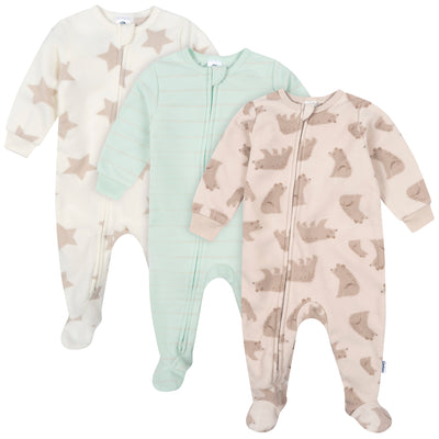 3-Pack Baby & Toddler Neutral Bears Footed Fleece Pajamas