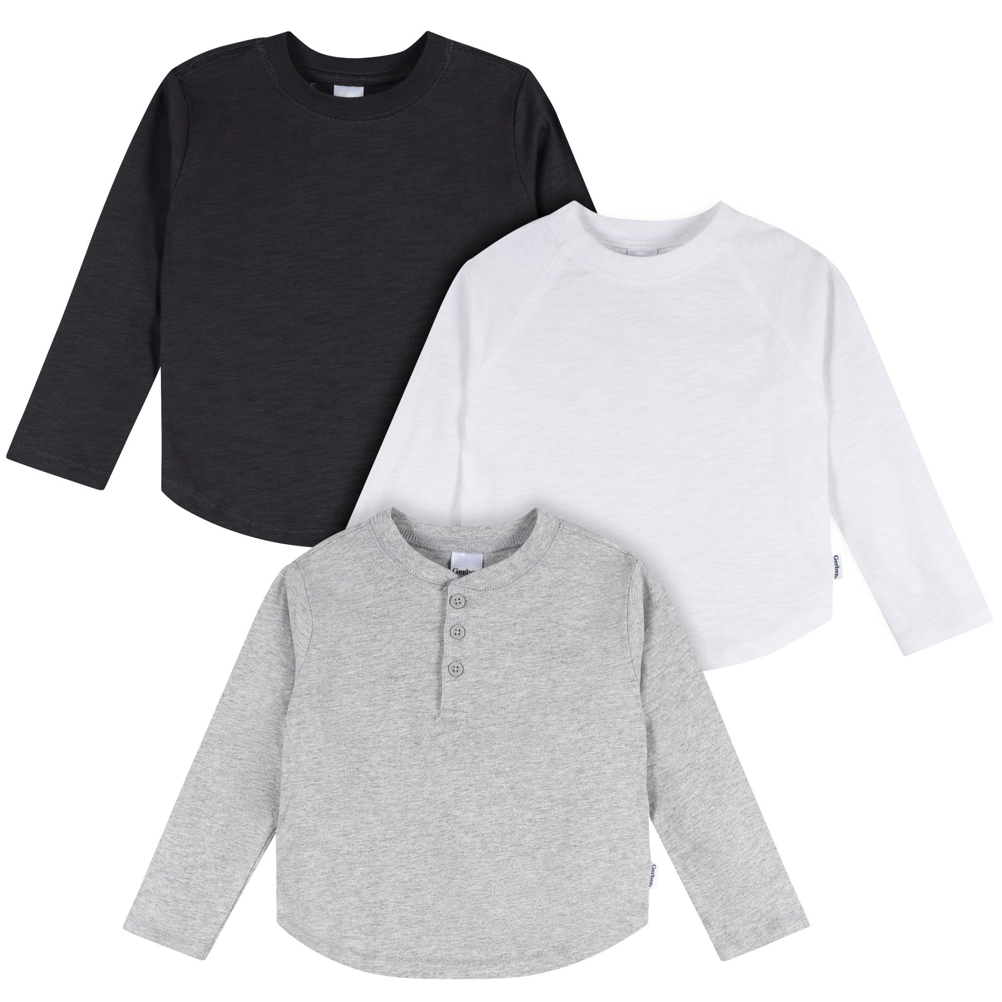 3-Pack Infant & Toddler Boys Black/White/Grey Long Sleeve Shirts-Gerber Childrenswear Wholesale