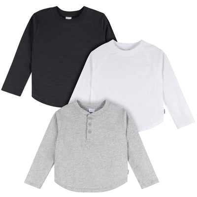 3-Pack Infant & Toddler Boys Black/White/Grey Long Sleeve Shirts-Gerber Childrenswear Wholesale