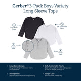 3-Pack Infant & Toddler Boys Black/White/Grey Long Sleeve Shirts-Gerber Childrenswear Wholesale