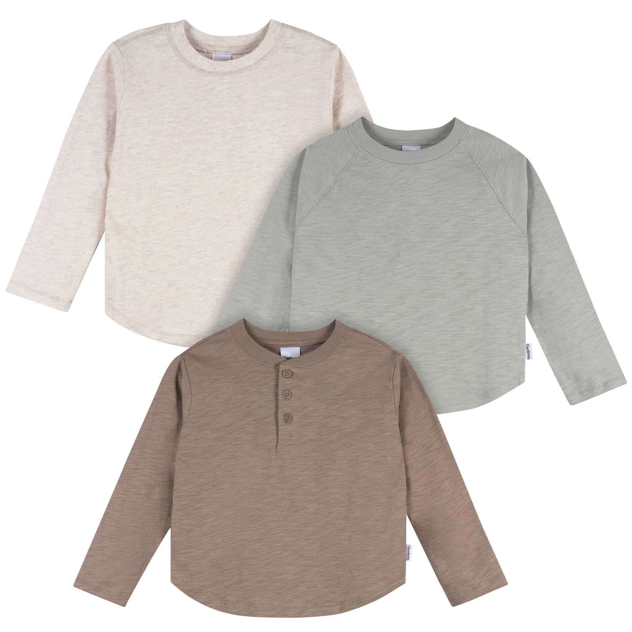 3-Pack Infant & Toddler Boys Green/Brown/Oatmeal Long Sleeve Shirts-Gerber Childrenswear Wholesale