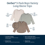 3-Pack Infant & Toddler Boys Green/Brown/Oatmeal Long Sleeve Shirts-Gerber Childrenswear Wholesale