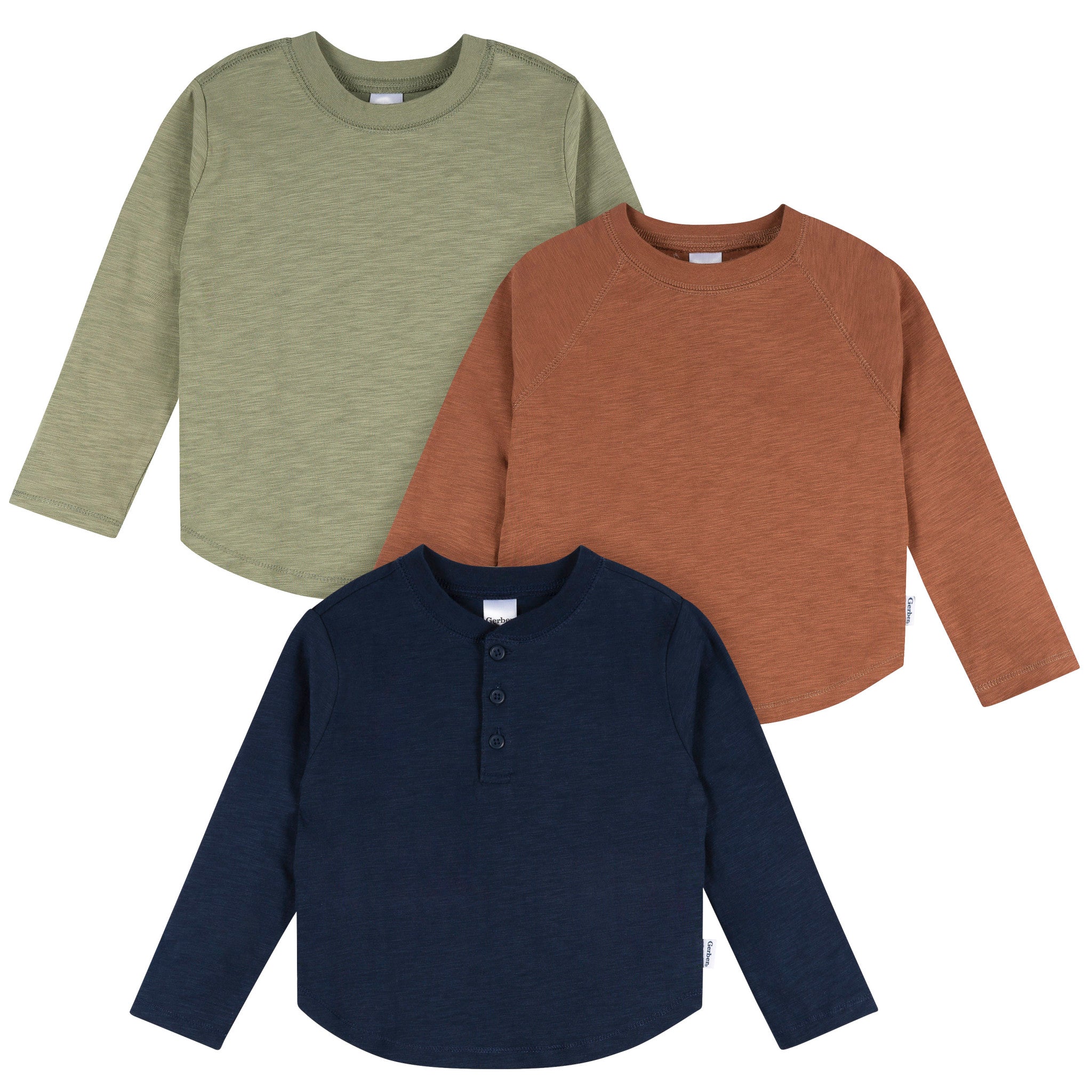 3-Pack Infant & Toddler Boys Green/Brown/Blue Long Sleeve Shirts-Gerber Childrenswear Wholesale