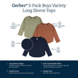 3-Pack Infant & Toddler Boys Green/Brown/Blue Long Sleeve Shirts-Gerber Childrenswear Wholesale
