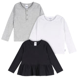 3-Pack Infant & Toddler Girls Black/White/Grey Long Sleeve Shirts-Gerber Childrenswear Wholesale