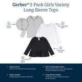 3-Pack Infant & Toddler Girls Black/White/Grey Long Sleeve Shirts-Gerber Childrenswear Wholesale