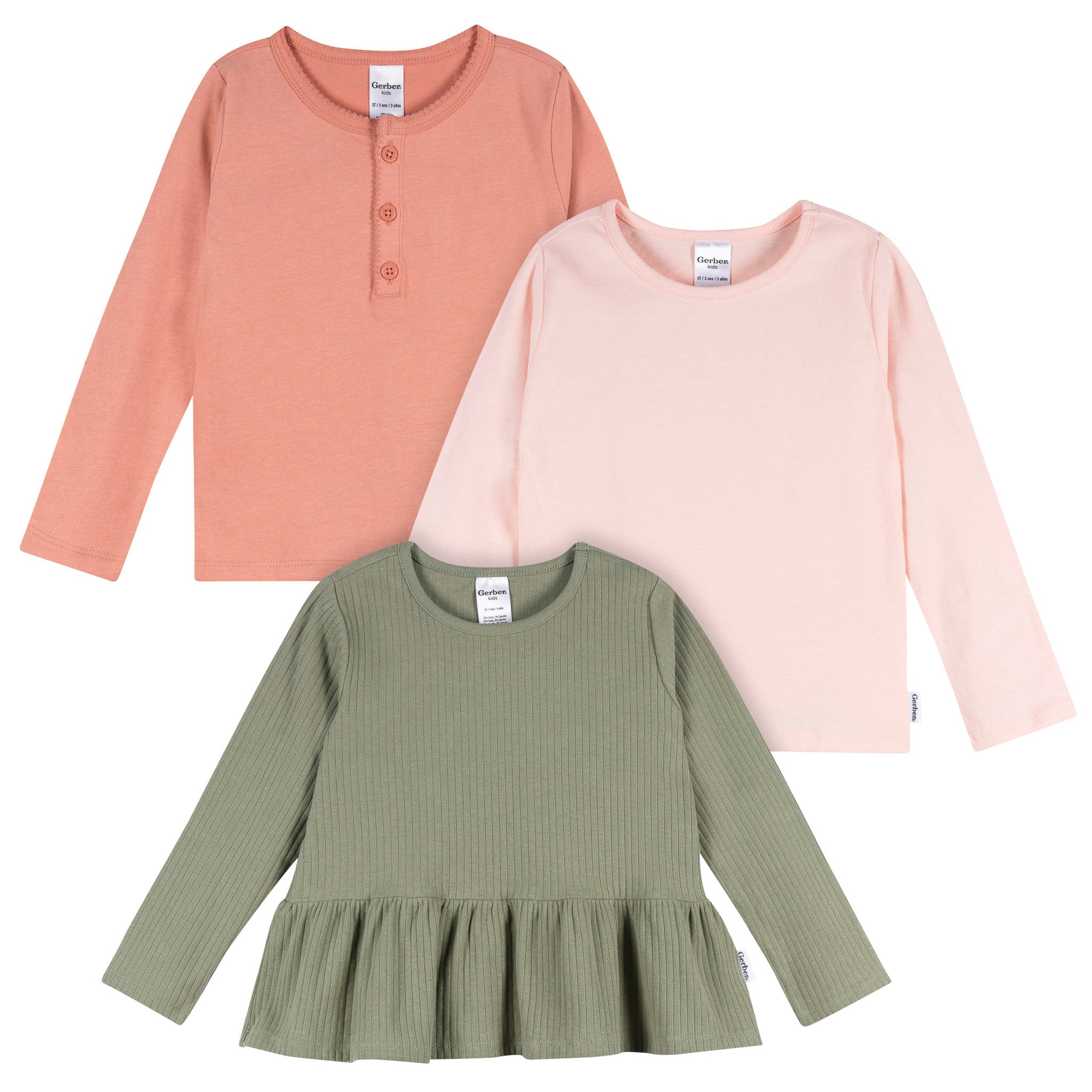 3-Pack Infant & Toddler Girls Green/Pink/Coral Long Sleeve Shirts-Gerber Childrenswear Wholesale