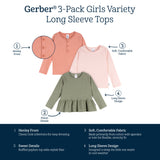 3-Pack Infant & Toddler Girls Green/Pink/Coral Long Sleeve Shirts-Gerber Childrenswear Wholesale