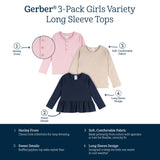 3-Pack Infant & Toddler Girls Navy/Oatmeal/Violet Long Sleeve Shirts-Gerber Childrenswear Wholesale