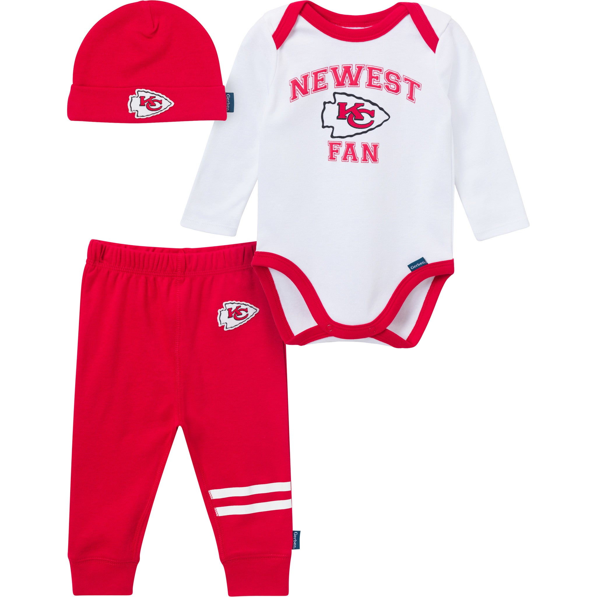 3-Piece Baby Boys Kansas City Chiefs Bodysuit, Active Pant and Cap-Gerber Childrenswear Wholesale