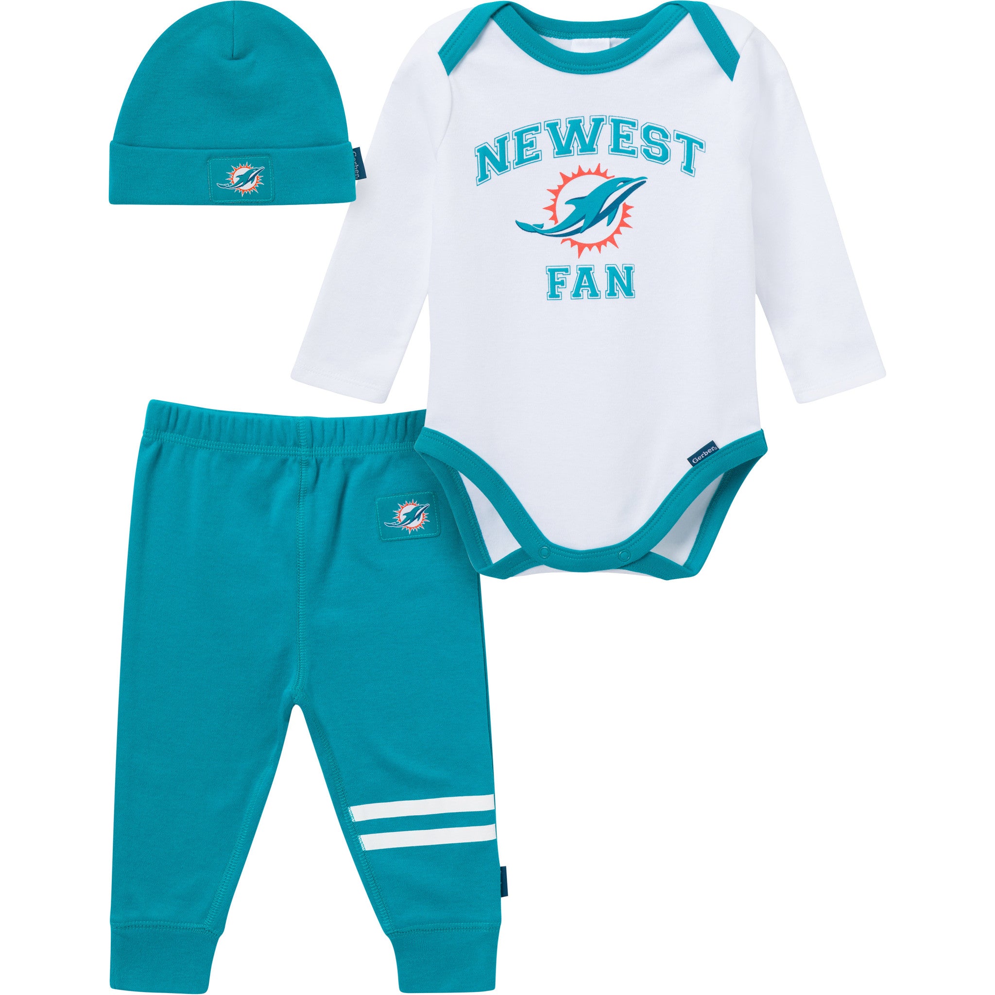 3-Piece Baby Boys Miami Dolphins Bodysuit, Active Pant and Cap-Gerber Childrenswear Wholesale