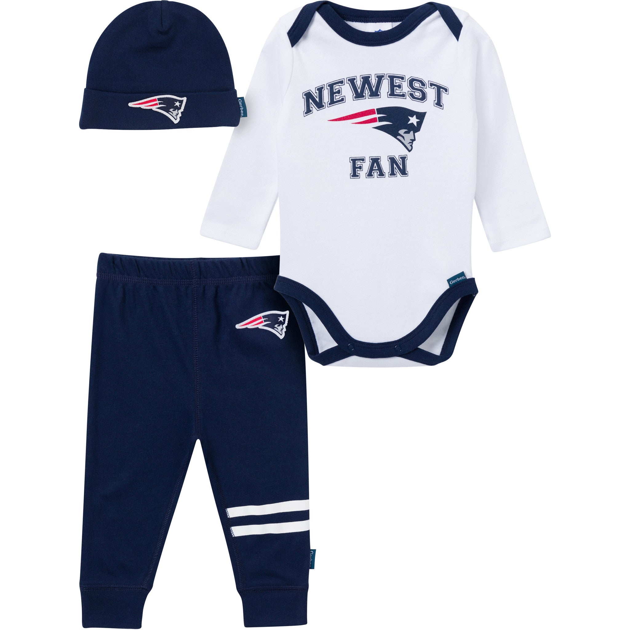 3-Piece Baby Boys New England Patriots Bodysuit, Active Pant and Cap-Gerber Childrenswear Wholesale