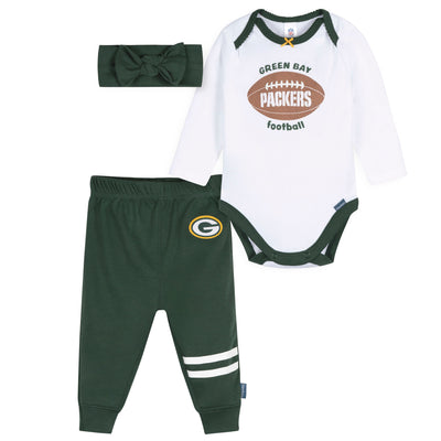 3-Piece Baby Girls Green Bay Packers Bodysuit, Pants & Headband Set-Gerber Childrenswear Wholesale