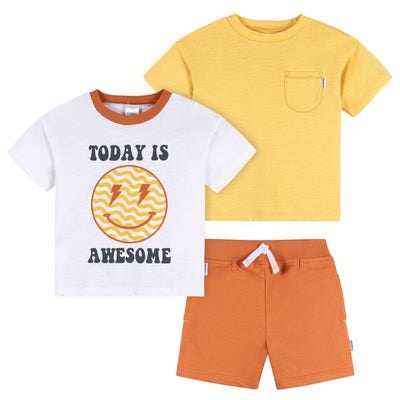 3-Piece Infant & Toddler Boys Awesome Yellow T-Shirts & Shorts-Gerber Childrenswear Wholesale
