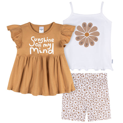 3-Piece Infant & Toddler Girls Daisy Sunshine T-Shirts & Shorts-Gerber Childrenswear Wholesale