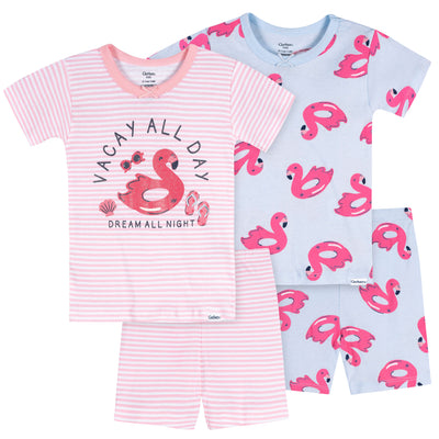 4-Piece Infant & Toddler Girls Flamingo Floatie Cotton Pajama Short Set-Gerber Childrenswear Wholesale