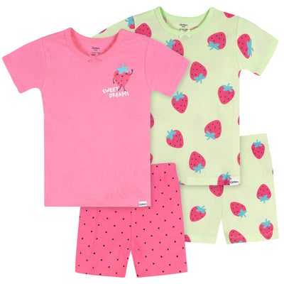 4-Piece Infant & Toddler Girls Pink and Green Strawberries Cotton Pajama Short Set-Gerber Childrenswear Wholesale