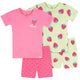 4-Piece Infant & Toddler Girls Pink and Green Strawberries Cotton Pajama Short Set-Gerber Childrenswear Wholesale