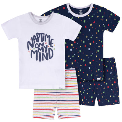 4-Piece Infant & Toddler Neutral Blue Naptime Cotton Pajama Short Set-Gerber Childrenswear Wholesale