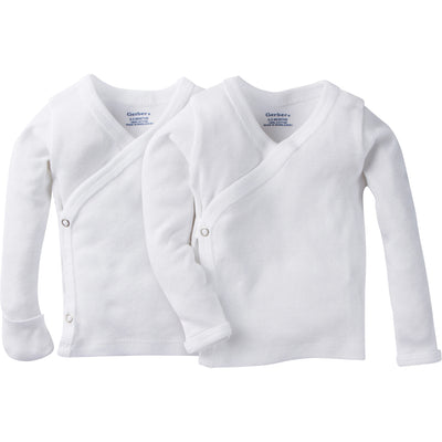 2-Pack Baby Neutral White Side-Snap Long Sleeve Shirt With Mitten Cuffs-Gerber Childrenswear Wholesale