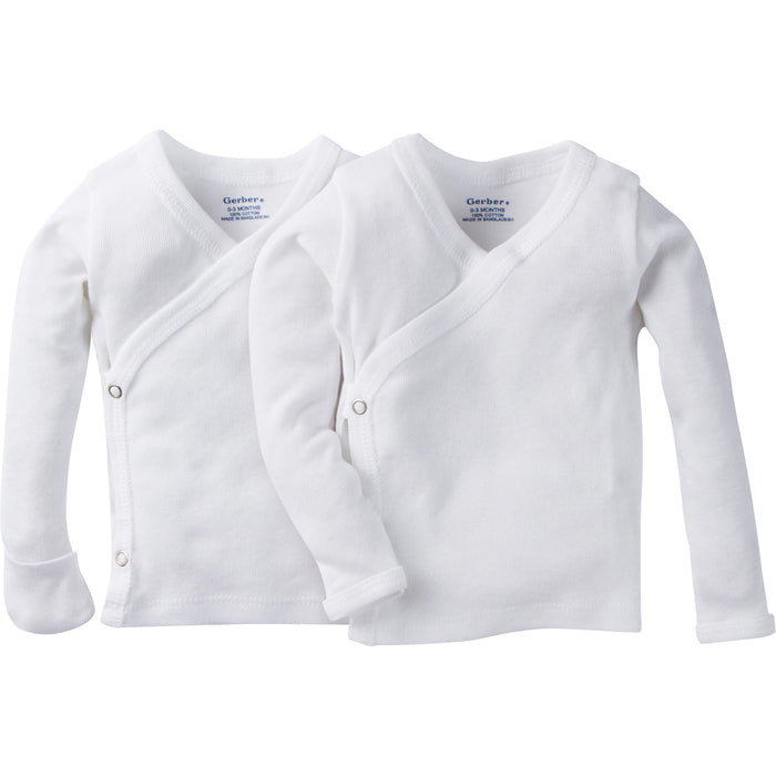 2-Pack Baby Neutral White Side-Snap Long Sleeve Shirt With Mitten Cuffs-Gerber Childrenswear Wholesale