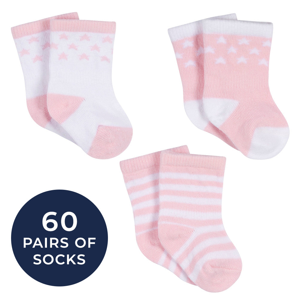 CASE of 20: 3-Pack Baby Girls Stars Jersey Crew Socks-Gerber Childrenswear Wholesale