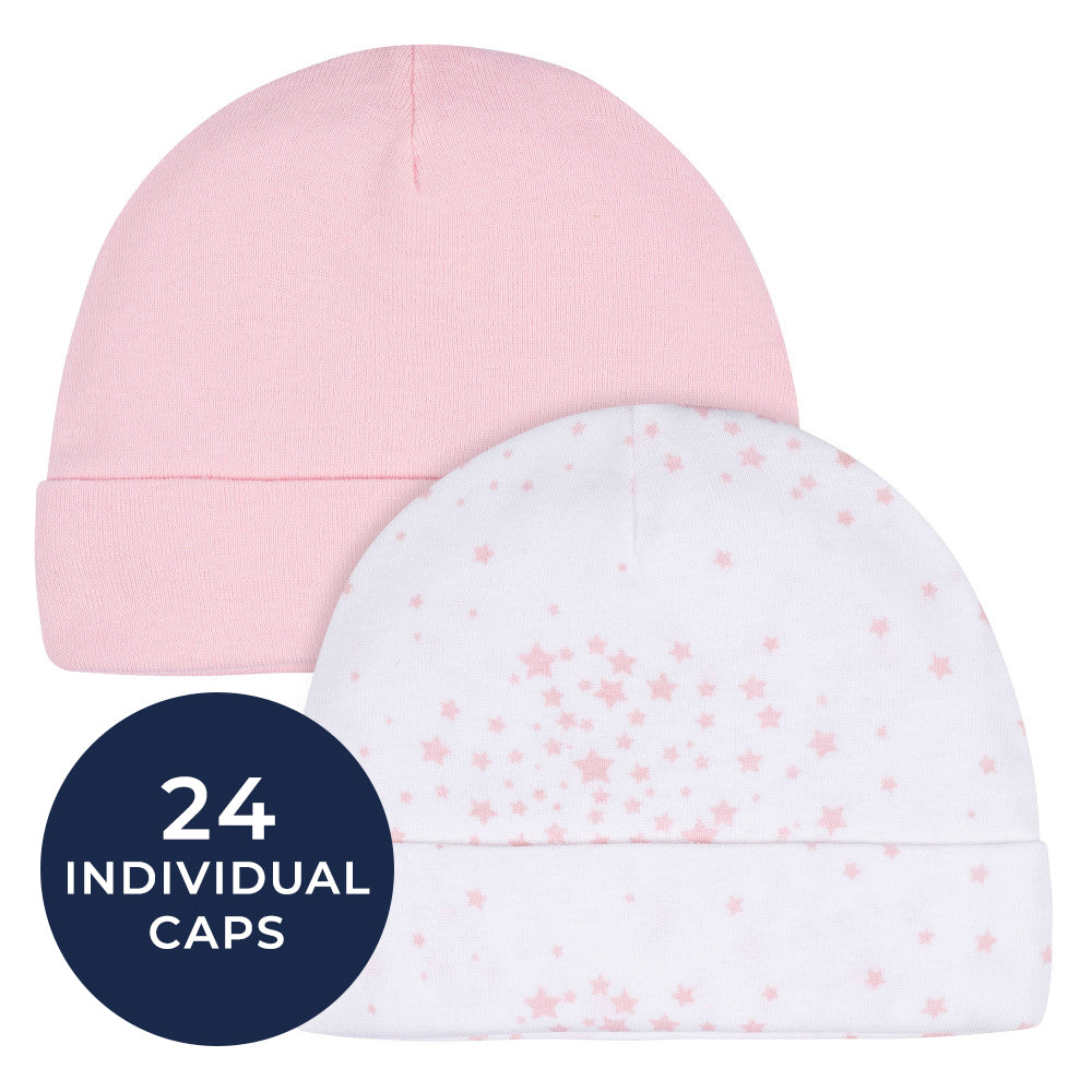 CASE of 12: 2-Pack Baby Girls Stars Caps-Gerber Childrenswear Wholesale