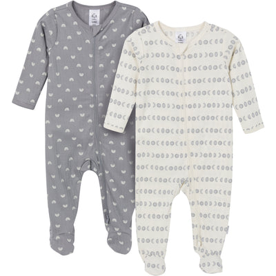 2-Pack Baby Neutral Neutral Grey Moons Sleep 'N Play With Mitten Cuffs-Gerber Childrenswear Wholesale
