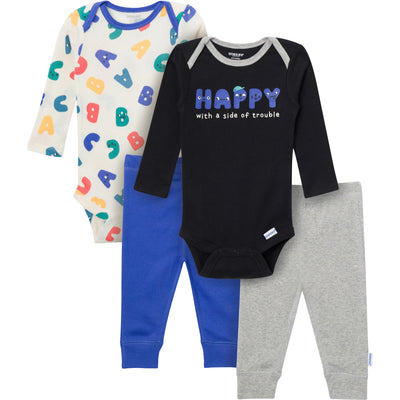 4-Piece Baby Boys Happy Letters Onesies® Bodysuits and Pants-Gerber Childrenswear Wholesale