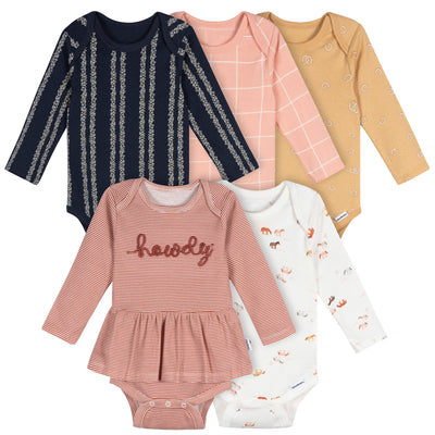5-Pack Baby Girls Horses Long Sleeve Bodysuits-Gerber Childrenswear Wholesale