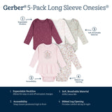 5-Pack Baby Girls Flowers Long Sleeve Bodysuits-Gerber Childrenswear Wholesale