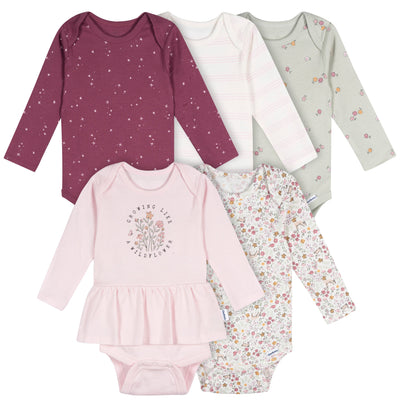 5-Pack Baby Girls Flowers Long Sleeve Bodysuits-Gerber Childrenswear Wholesale