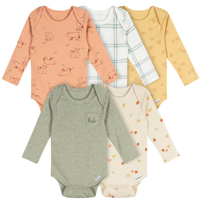 5-Pack Baby Neutral Green Heather Long Sleeve Bodysuits-Gerber Childrenswear Wholesale